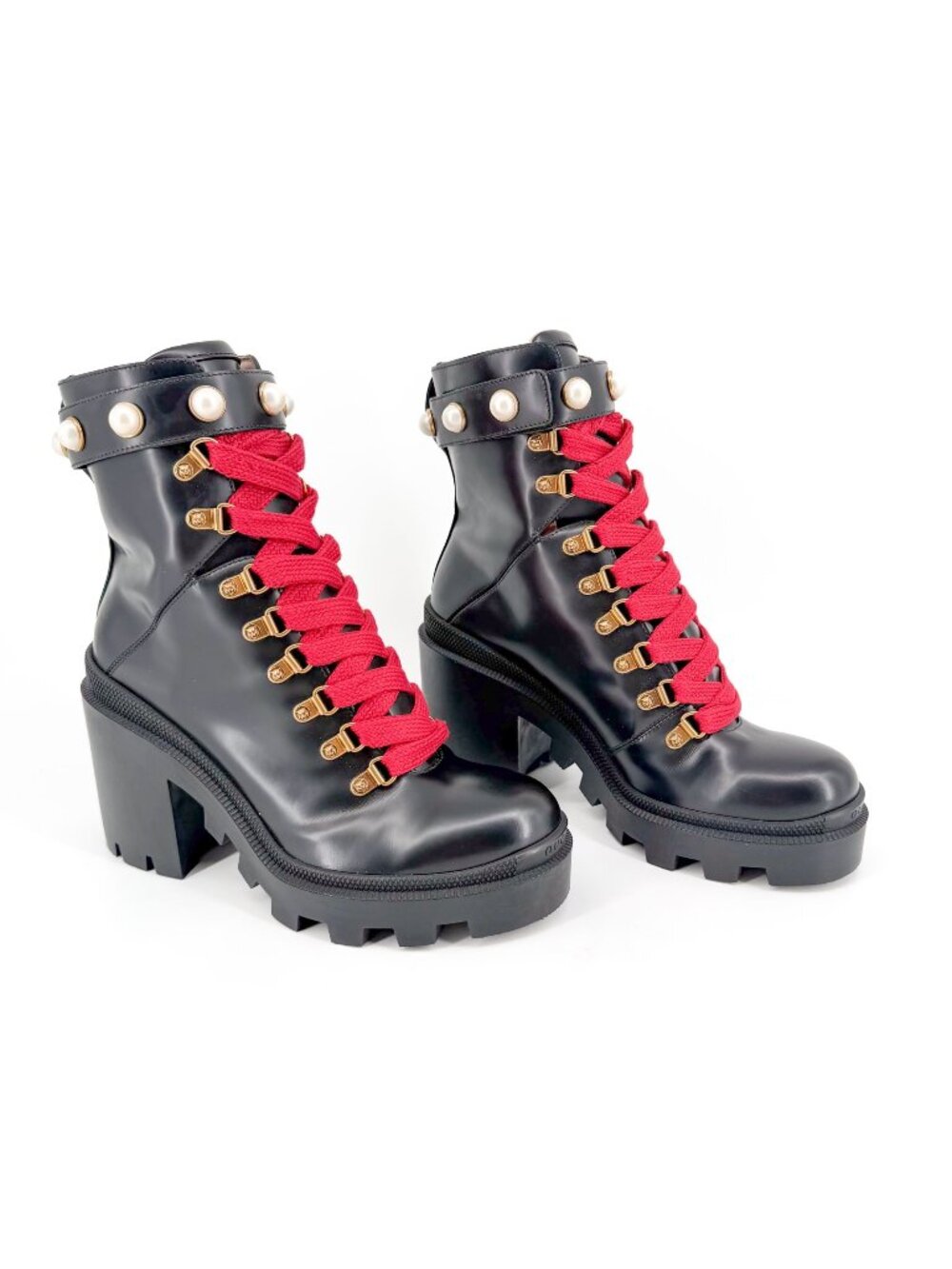 Gucci Magnum Pearl Combat Boots Block Heel Black Leather Size 38.5 US 8.5 Women